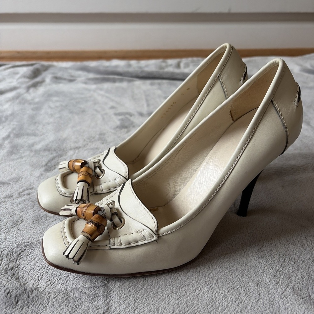 Gucci VTG Loafer Heels Women's 7B White Tassel Bamboo Square Toe Preppy Euro